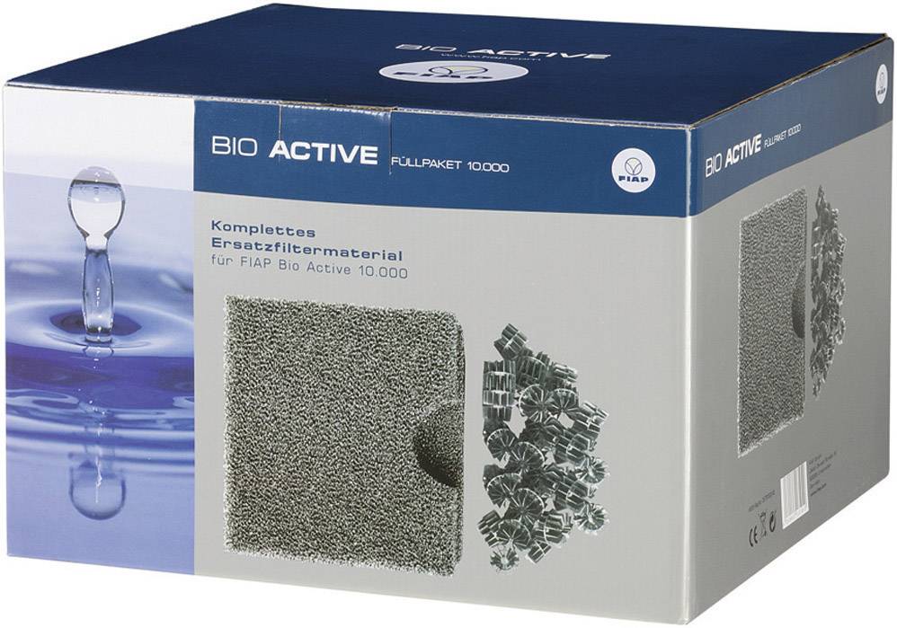 Förpackning av Bio Active filtermaterial, visar insamlade biofilter och vattendroppar. Varumärke och modellnummer är synliga.