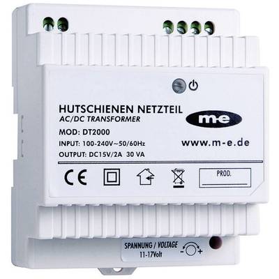 DIN-skena nätaggregat AC/DC, modell DT2000, ingång 100-240V, utgång DC15V/2A, 30W, CE-certifierat. Visad i vitt hölje.