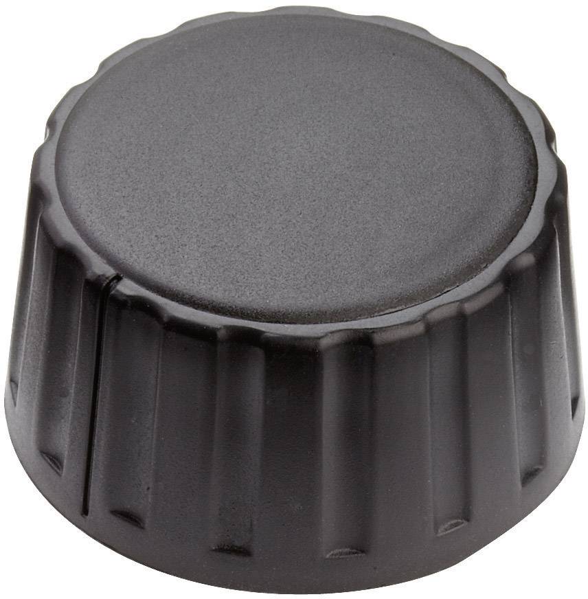 Svart plastknapp med räfflad kant, ofta använd för volymreglering eller kontroll av elektroniska enheter.