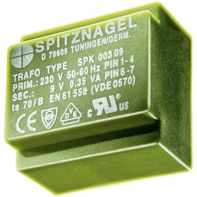 Liten grön transformator märkt med: 'Spitznagel, Typ SPK 00309'. Primär spänning 230 V, sekundär 9 V. CE- och VDE-märkning.