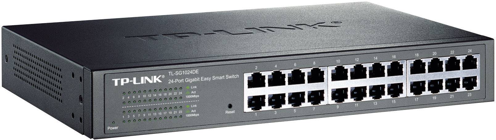 TP-Link TL-SG1024DE 24-portars Gigabit Switch, svart, frontvy. LED-indikatorer och anslutningar synliga. Lämplig för nätverkskonfigurationer.