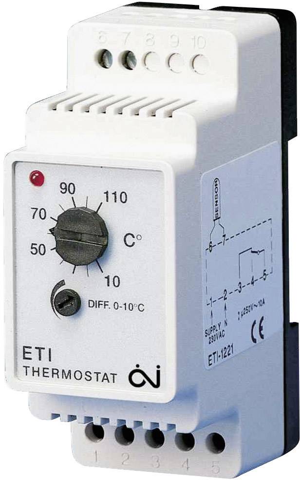 Termostat med skala från 0 till 110 grader Celsius, regleringsratt och display. Modellbeteckning: ETI-1221.
