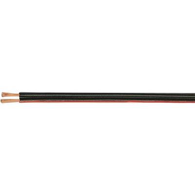 Bilden visar en tvåtrådig, isolerad kabel med koppartrådar. Båda trådarna är placerade bredvid varandra med svart respektive röd isolering.