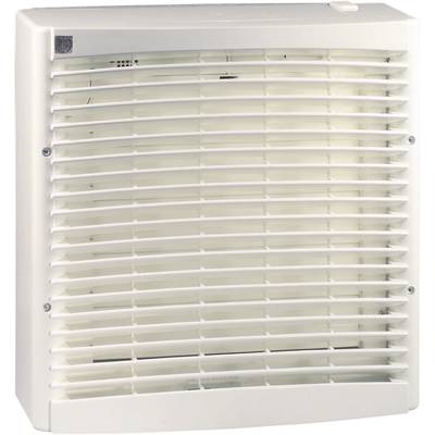 Vit fläktvärmare monterad på väggen. Horisontellt riktade ventilationsöppningar för värmeavgivning.