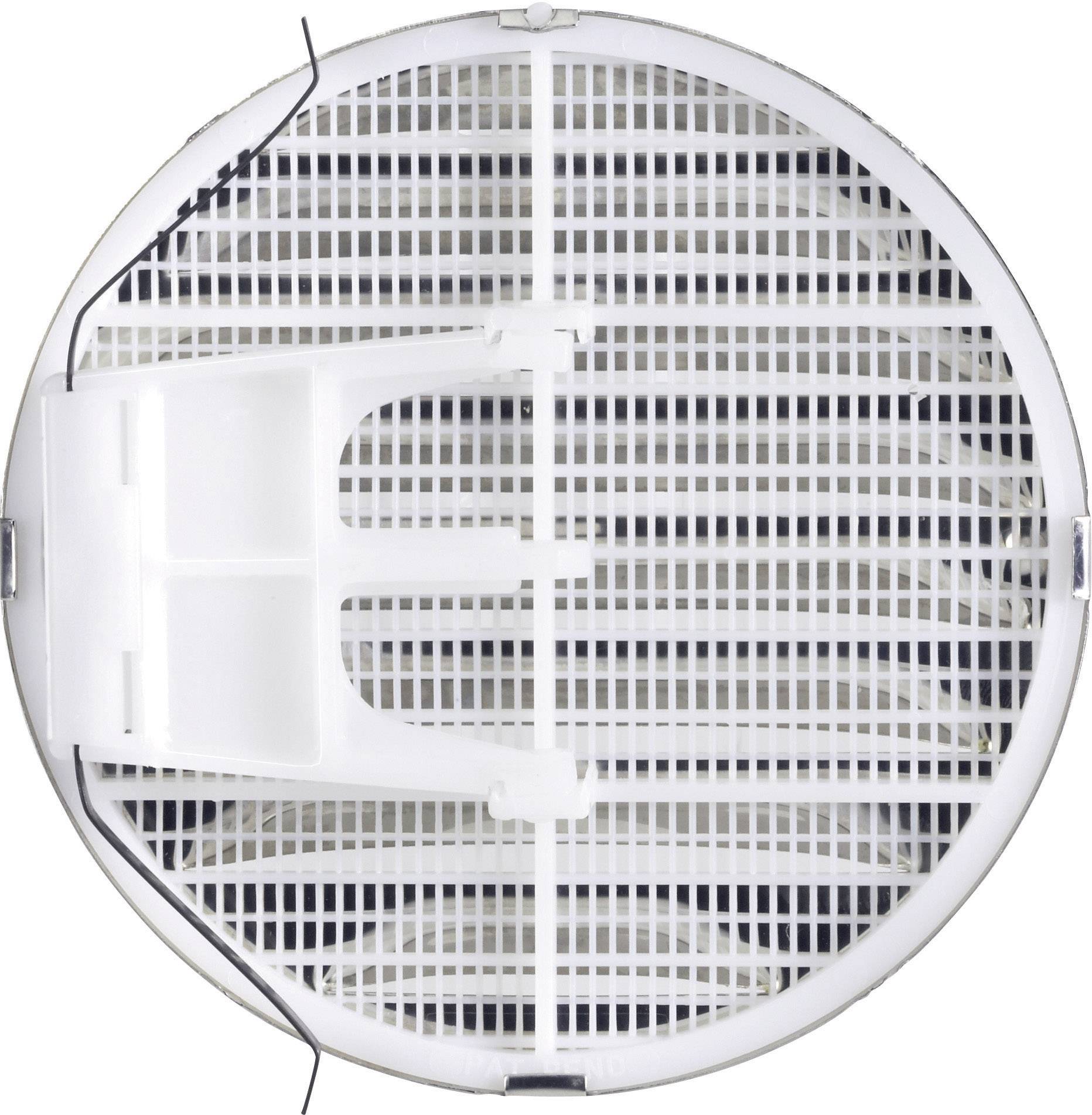 Ett rundformat, vitt ventilationsgaller sett ovanifrån, med ett symmetriskt design bestående av horisontella och vertikala lameller.