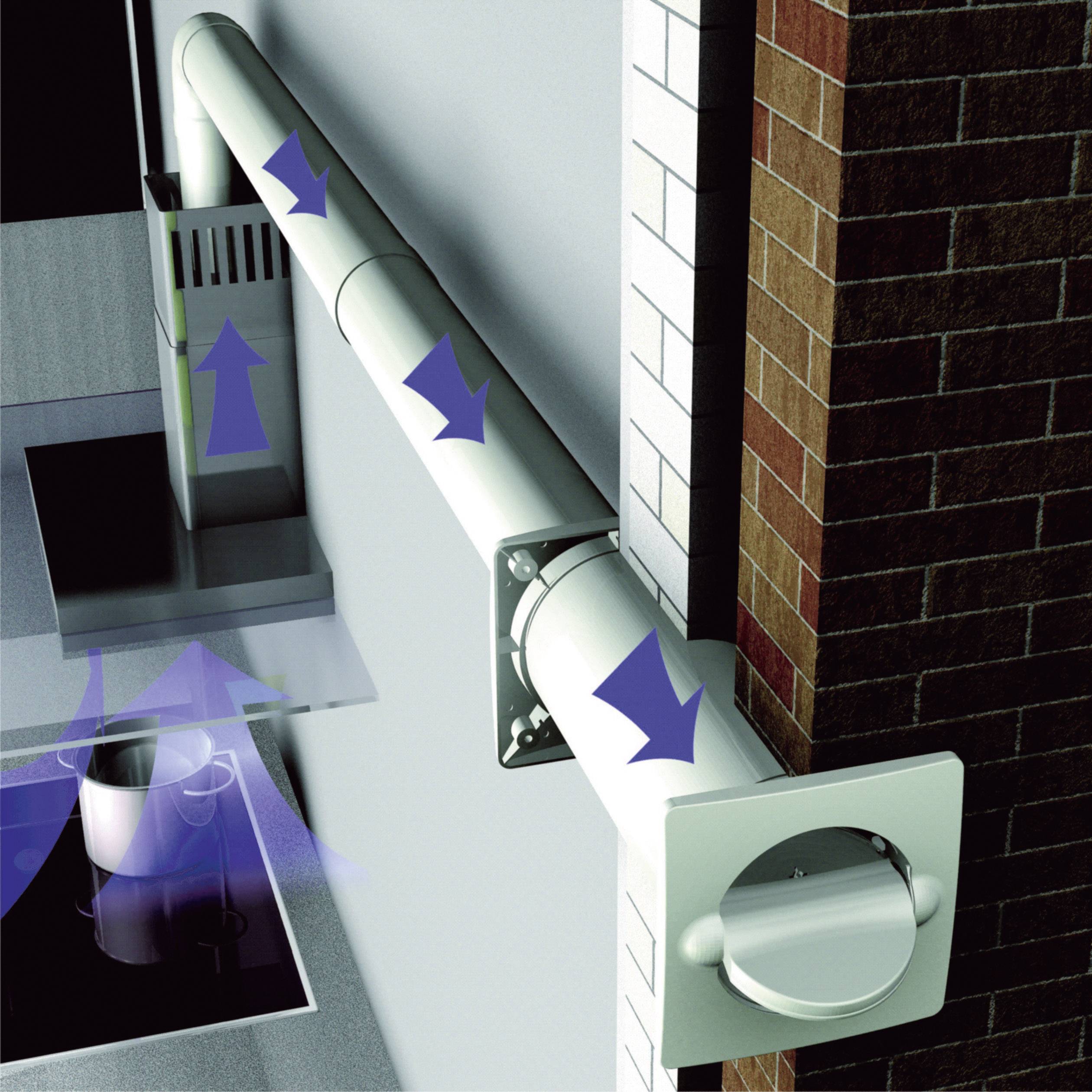'Installation av ett ventilationssystem med luftflöden som löper genom ledningar i en vägg och leds ut ur en byggnad.'