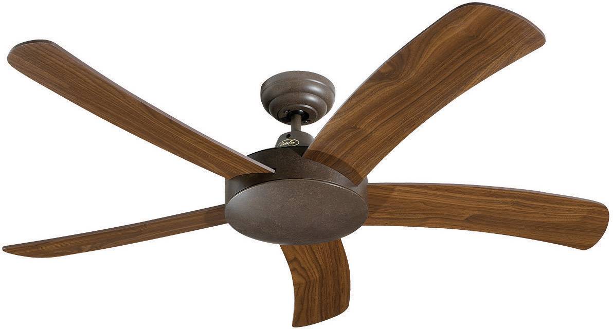 En takfläkt med mörka träblad och en enkel, modern design. Perfekt för en stilfull inomhusmiljö.