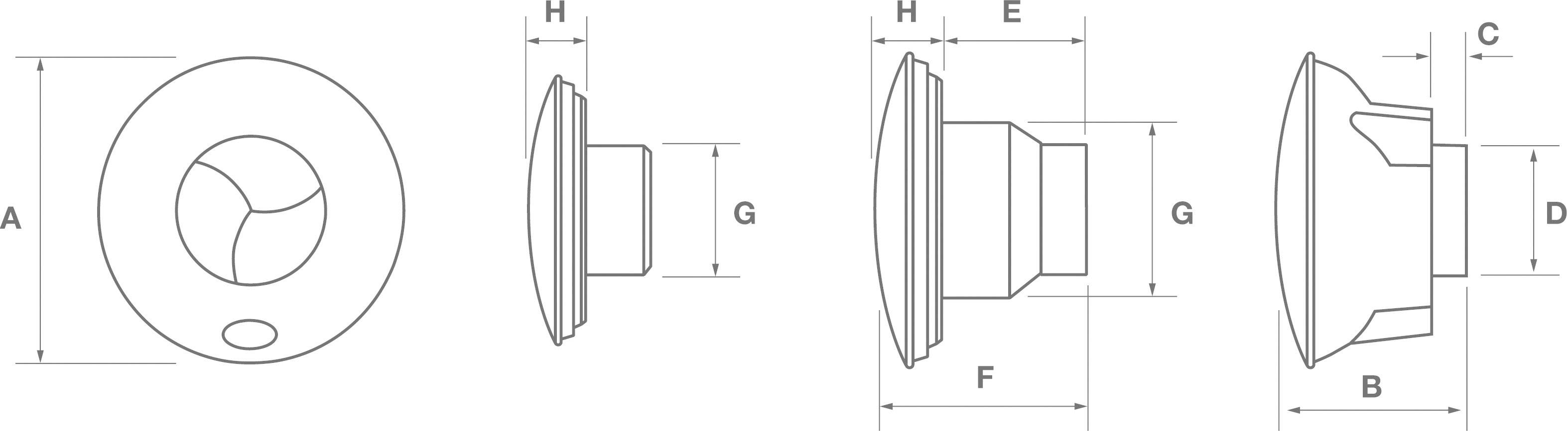 Ritning av ett runt, platt ventilationsgaller med tre vyer. Huvudmått: Diameter, total djup, frontplattans höjd och inbyggnadsdjup.