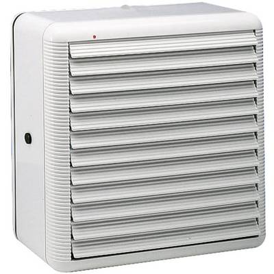 En vit, rektangulär ventilationskåpa med horisontella lameller, monterad på en vägg.