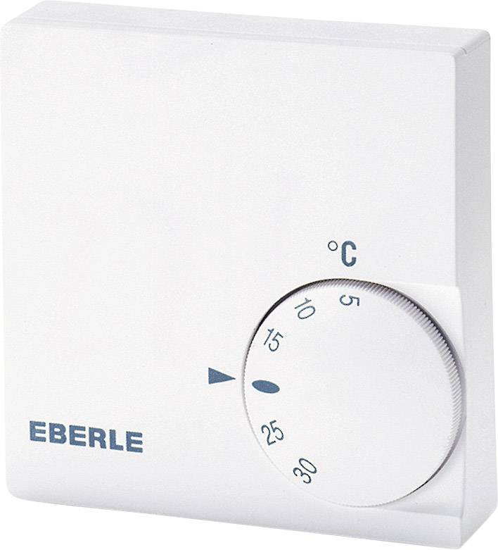 En vit rumstemperaturregulator med vred. Vredet visar temperaturmarkeringar från 5 till 30 grader Celsius. Märke 'EBERLE'.