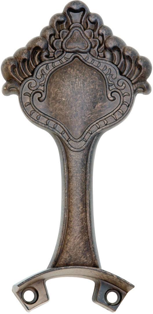 Dekorativ, mässingsfärgad flasköppnare med ornerad överdel och svängd design.