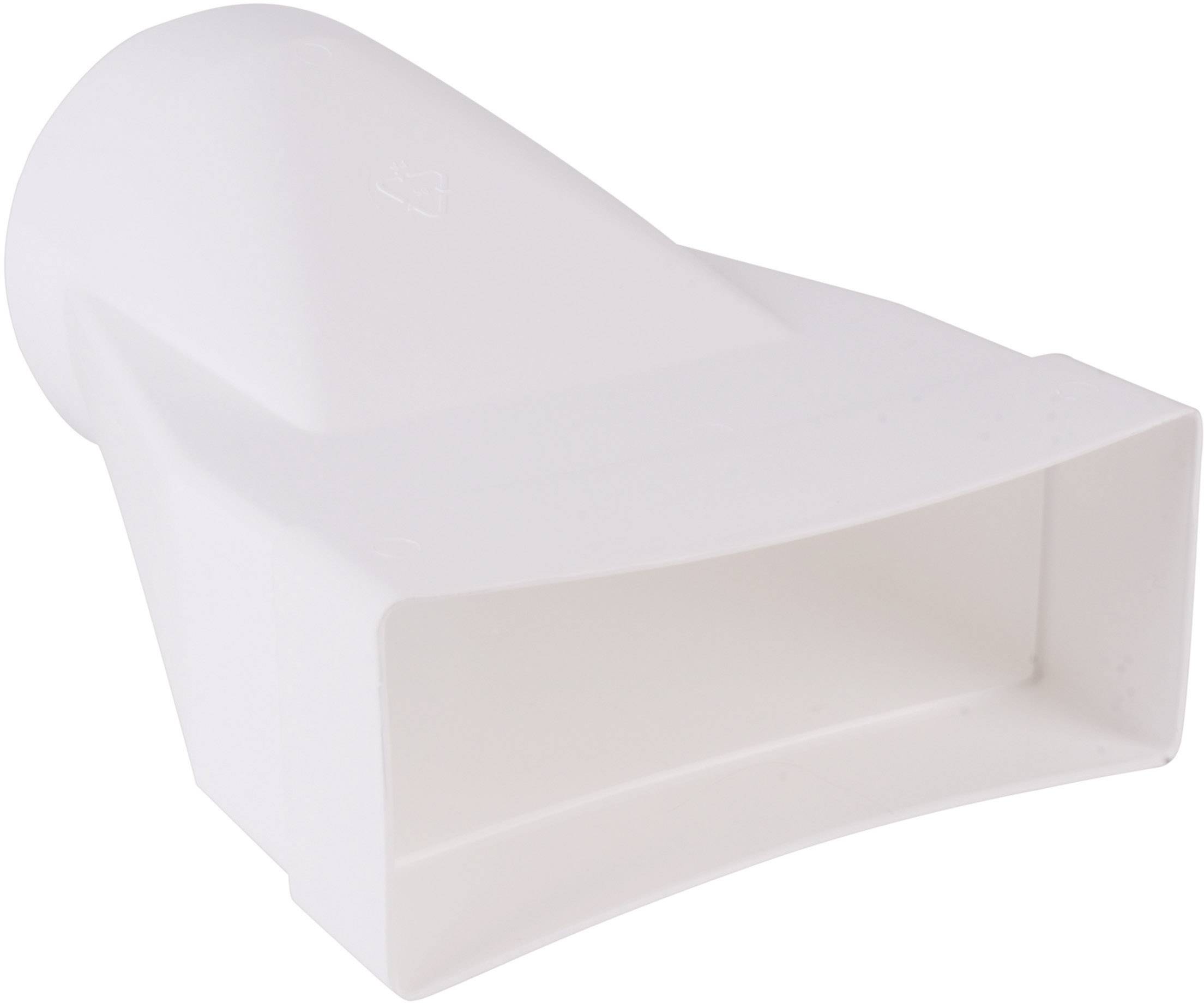 Vit adapter för anslutning mellan fyrkantiga och runda ventilationsrör, tillverkad av plast.