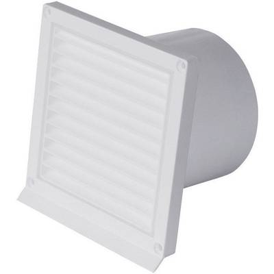 Ett rektangulärt, vitt ventilationsgaller med lameller på framsidan, som installeras i väggar för ventilation.
