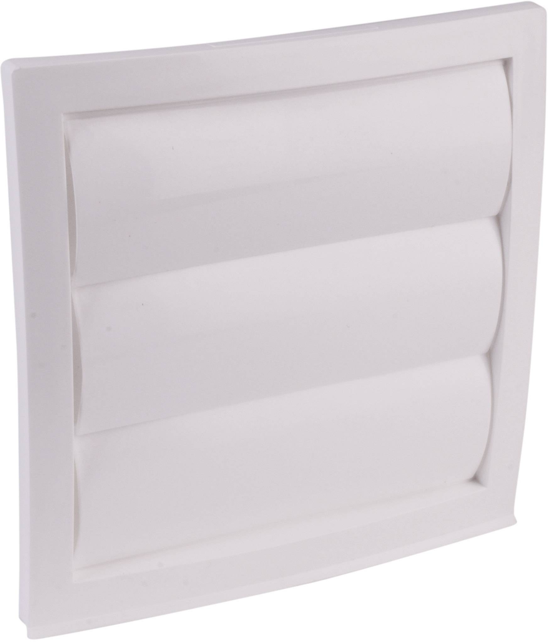 Vit ventilationslucka med horisontella lameller; förhindrar luftåterflöde. Lämplig för väggmontering.