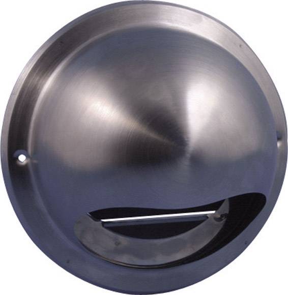 Rund rostfri ventilationshätta för väggmontering, blank yta, luftcirkulationsöppning nedtill, lämplig för utomhusbruk.