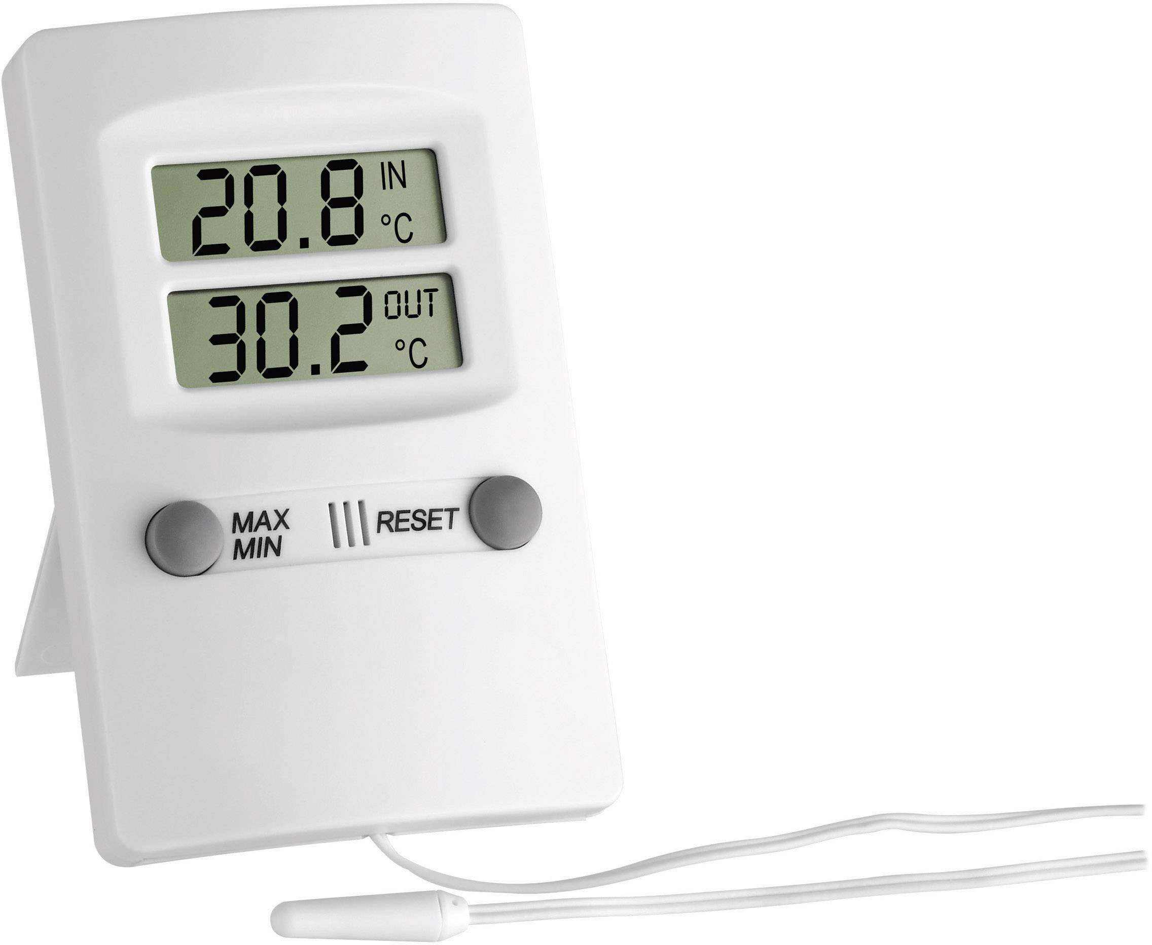 Digitalt termometer med två displayer: '20,8°C IN' och '30,2°C OUT'. Knappar: 'MAX MIN' och 'RESET'. Vit kropp med givarkabel.