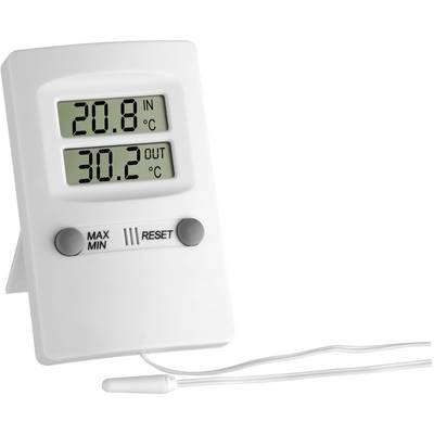 Digitalt termometer med två displayer: '20,8°C IN' och '30,2°C OUT'. Knappar: 'MAX MIN' och 'RESET'. Vit kropp med givarkabel.
