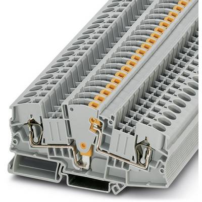 Grå, flerlagrig elektrisk kopplingsplintsmodul med orangefärgade komponenter, för sammankoppling av trådar i elskåp.