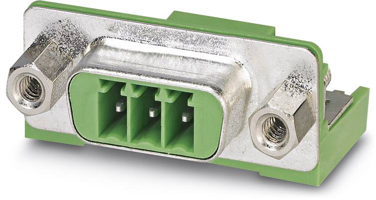 En rektangulär grön kontaktdon med tre anslutningsplatser i ett metallhölje, lämplig för industriella tillämpningar.