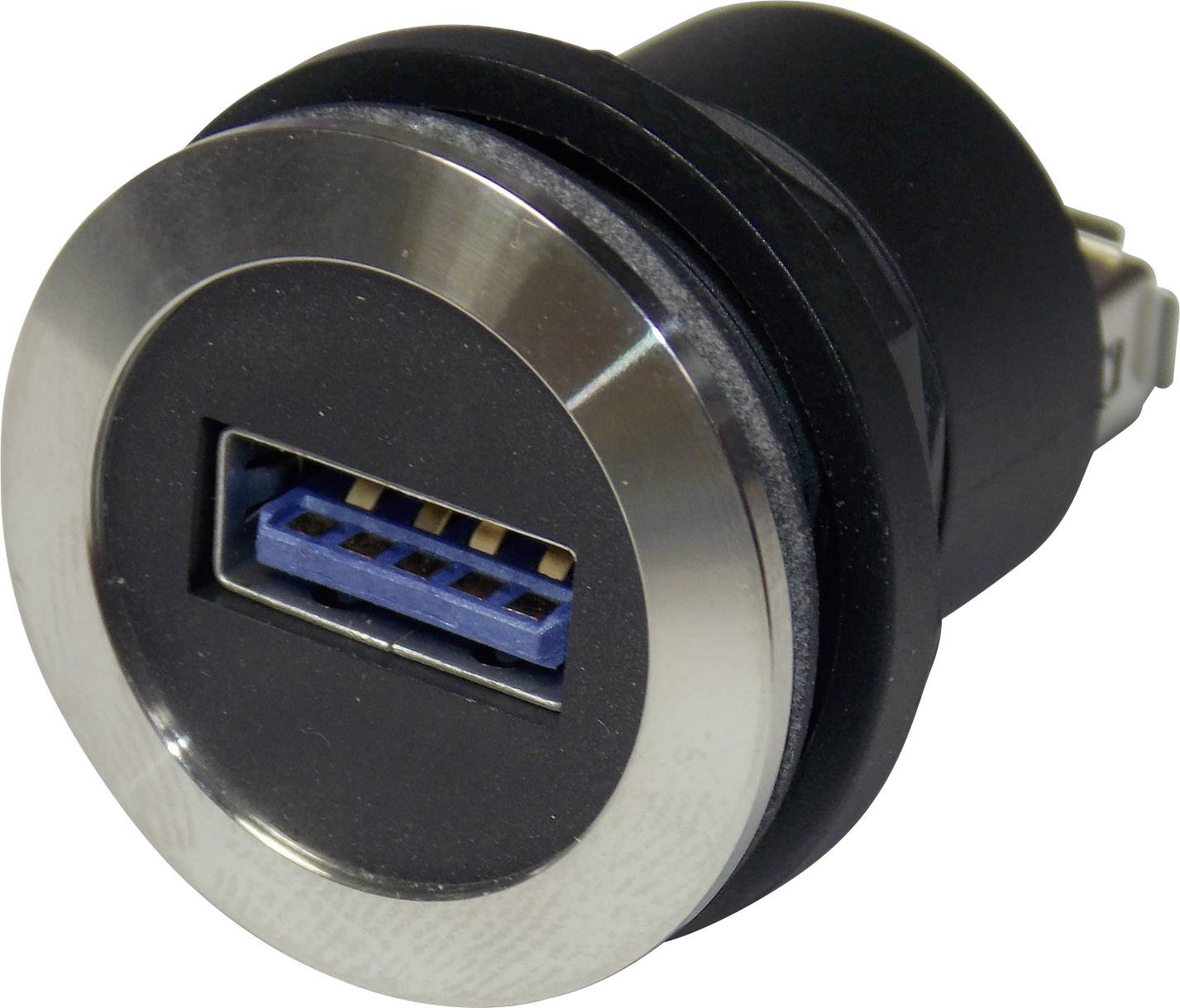 USB-laddare för billadduttag visar en USB-port på en rund, silverfärgad adapter.
