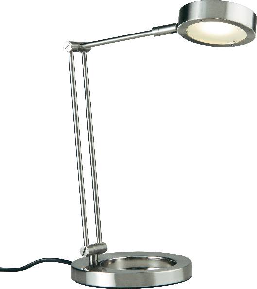 Futuristisk silvrig lampa med rund skärm och justerbara armar, placerad på ett modernt cylinderformat stativ.