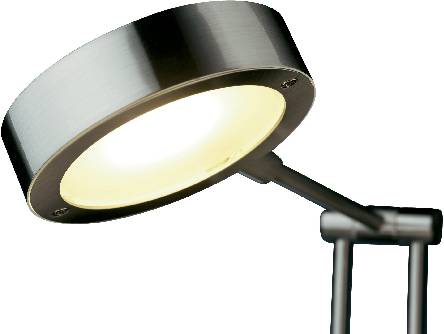Modern, rund taklampa i metallisk finish, monterad på ett fäste.
