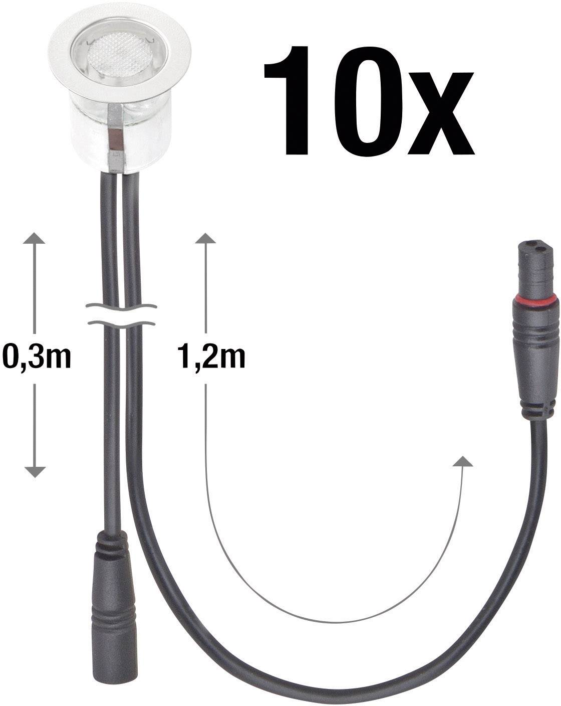 LED-infälld armatur med kabel, längd: 1,2 m och 0,3 m. Innehåller 10 stycken. Lämplig för inomhusbelysning, visar kabelanslutningar.