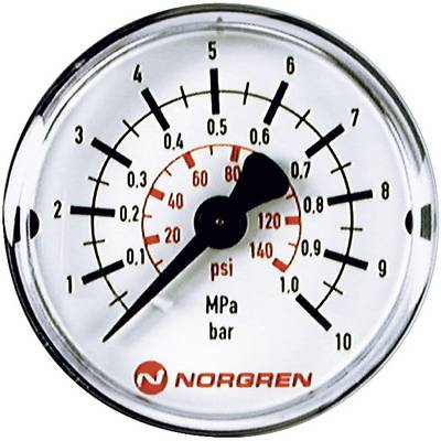 Manometer visar trycket, skala från 0-10 bar och 0-160 psi, visaren står på 85 psi.