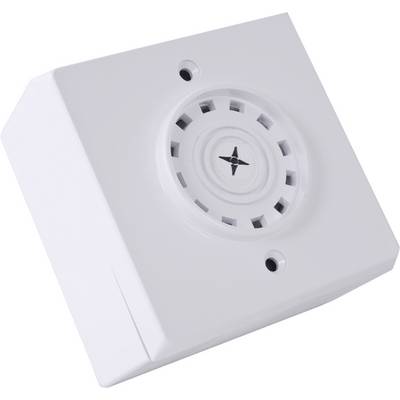 En vit rökdetektor med ventilationsöppningar och en central stjärnsymbol, monterad på en vit yta.