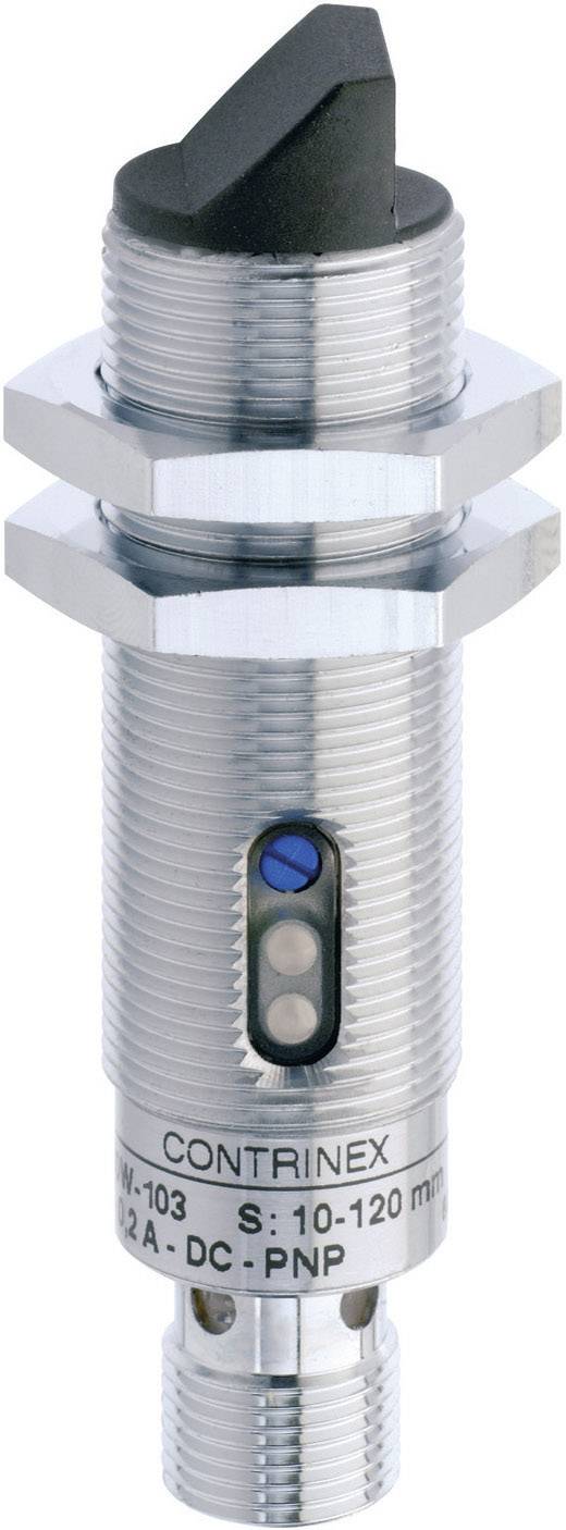 En cylindrisk sensor från Contrinex med metallhölje, utrustad med blå och silver markering, sannolikt för industriella tillämpningar.