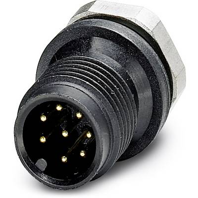 En svart, rund, elektrisk kontakt med sex guldfärgade stift på framsidan, omgiven av en silverring.