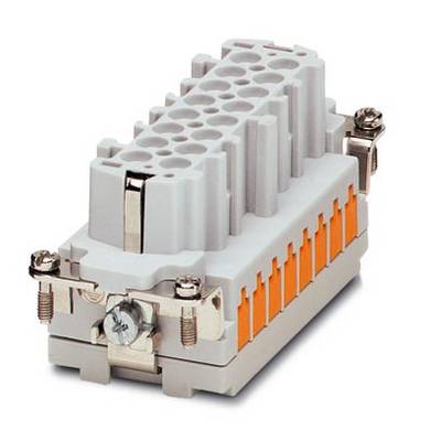 Rektangulär elektrisk kontakt med grått hölje och orangefärgade insatser, fäst vid metallklämmor.