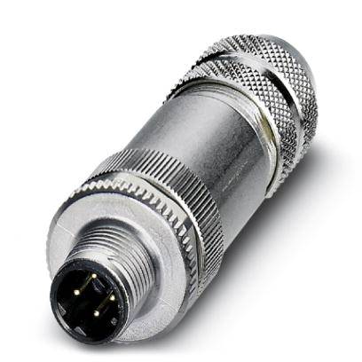 En silver metallkontakt med fyra stift, ofta använd i industriella tillämpningar. Anslutningen är cylindriskt formad.