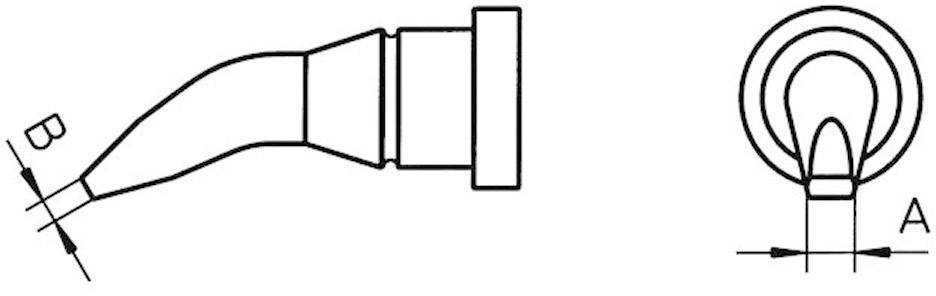 Diagram över ett lödspetsprofilvy från sidan och ovanifrån. Dimensionerna är markerade med 'A' för bredd och 'B' för vinkel.