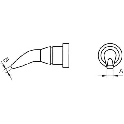 Diagram över ett lödspetsprofilvy från sidan och ovanifrån. Dimensionerna är markerade med 'A' för bredd och 'B' för vinkel.