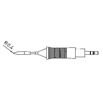 Teknisk ritning av ett cylindriskt objekt med flera element och en böjd tråd, märkt med 'R0,4'.