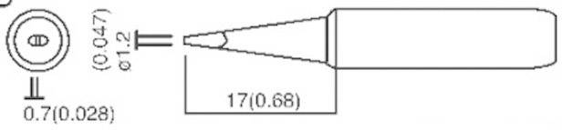 Teknisk ritning av ett lödkolvspetstillsats med dimensioner: Total längd 17 mm, spetsbredd 1,2 mm, hållardiameter 0,71 mm.