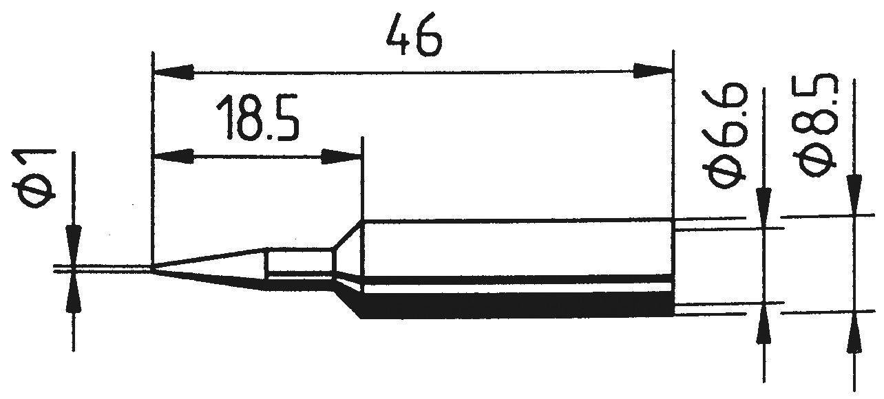 Teknisk ritning av en penna med dimensioner: Total längd 46 mm, spets 18,5 mm, diameter 1 mm, 6,6 mm och 8,5 mm.