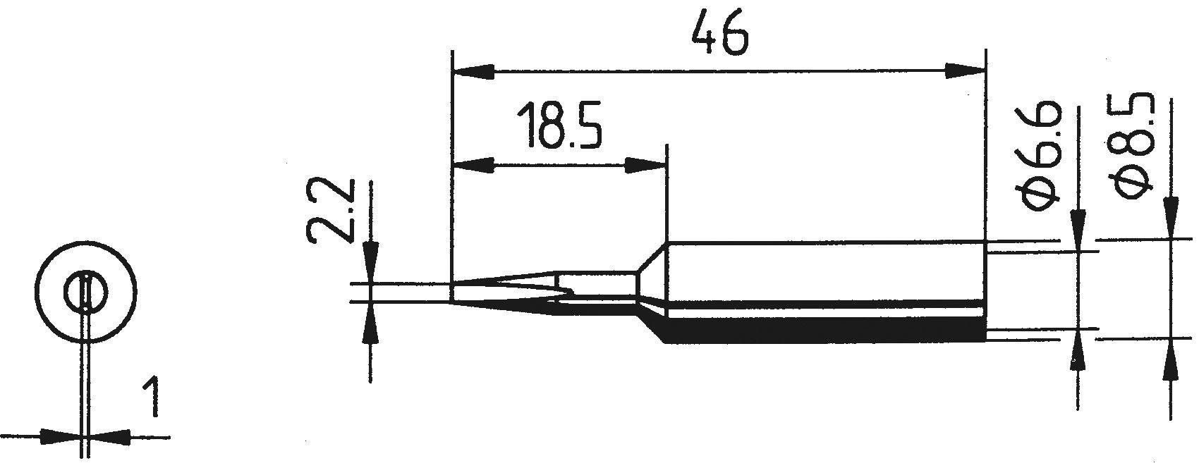 Teknisk ritning av en komponent med mått: Längd 46 mm, bredd 8,5 mm, höjd 2,2 mm, diameter markerad med 6,6 mm och 8,5 mm.