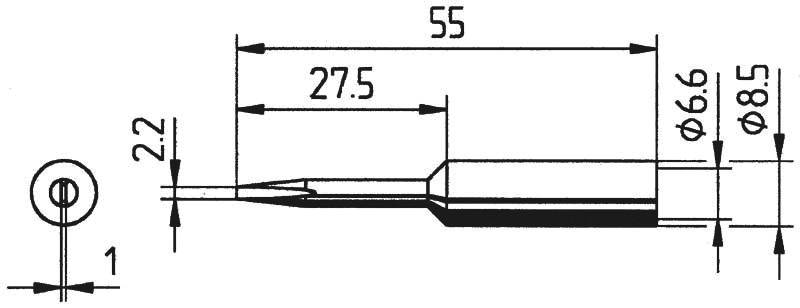 Teknisk ritning av en metallpinne med dimensioner: Total längd 55 mm, mittellängd 27,5 mm, diameter 6,6 mm och 8,5 mm, tjocklek 2,2 mm.