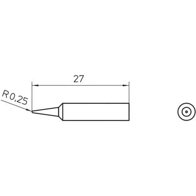 Teknisk ritning av en pennspets med dimensionerna 27 mm längd och R 0,25 mm radie på spetsen. Ovanifrånvy visar cirkulär öppning.