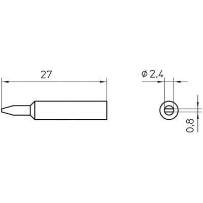 Teckning av ett lödspetsverktyg med mått: Längd 27 mm, diameter 2,4 mm, spets 0,8 mm. Sido- och detaljvy av änden.