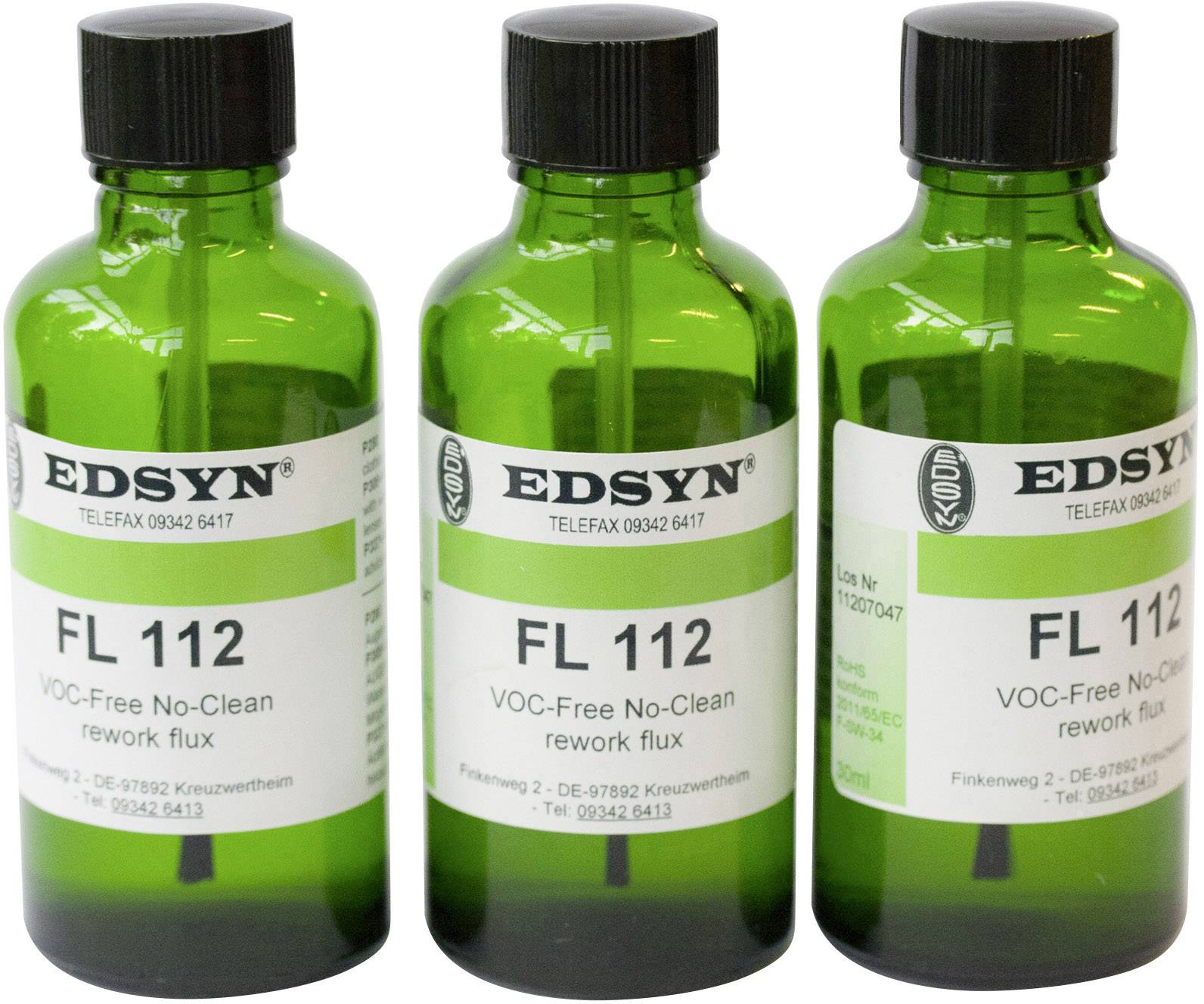 Tre gröna flaskor märkta 'EDSYN FL 112 VOC-Free No-Clean rework flux', var och en med svart lock.