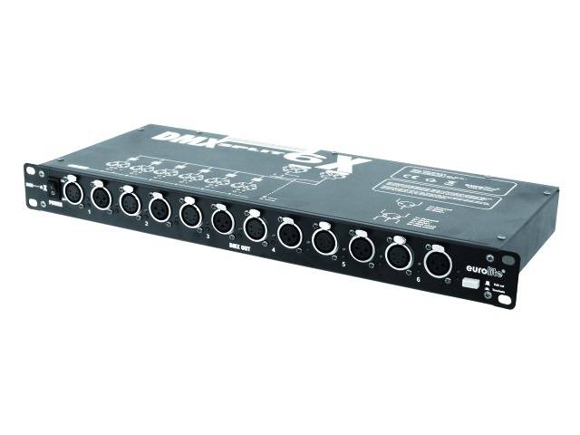 En svart DMX-splitter med flera XLR-anslutningar, använd för styrning av belysningsutrustning. På den står det 'DMX Split 6X'.