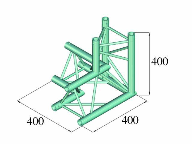 Teknisk ritning av en tredimensionell rörstomme med kvadratisk bas, där varje sida är 400 mm. Strukturen stöder cylindriska element.