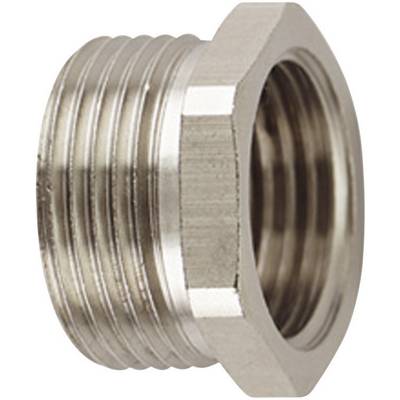 Sexkantig metallgängmuff, blank, med ytterdetaljer med gänga på vänster sida och innerdetaljer med gängad borr på höger sida.