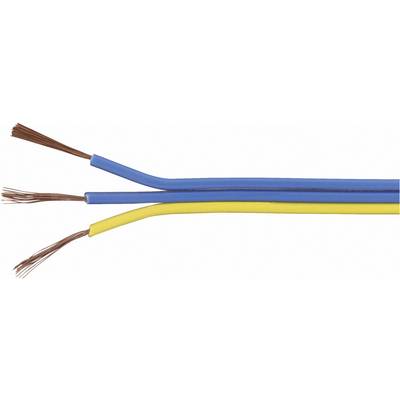 Tre oisolerade kablar, en gul och två blå. Varje kabel har nakna koppartrådar i ena änden. De ligger bredvid varandra.