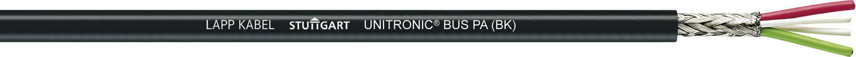 Svart kabel med flätad mantel och påskriften 'UNITRONIC BUS PB (RS)'. Den har röda, vita och gröna trådar.