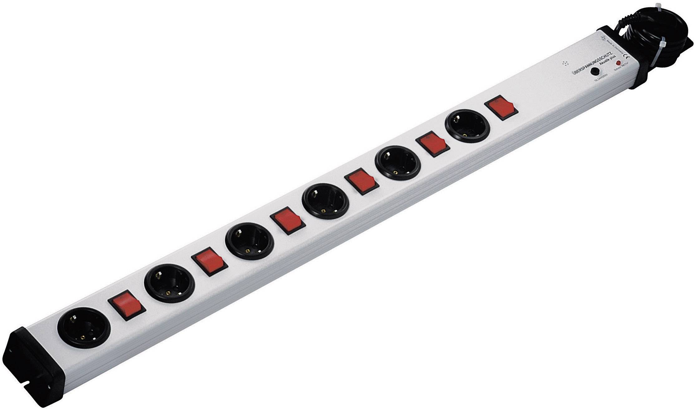 En grenuttag med åtta uttag och individuellt omkopplingsbara, röda strömbrytare.