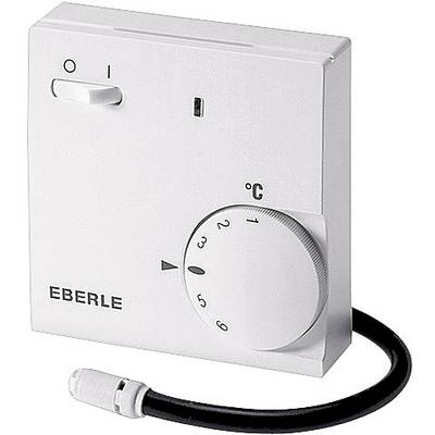 Vit termostat med vred för temperaturinställning, display för på/av-status, tillverkarnamn 'EBERLE' längst ner till höger.